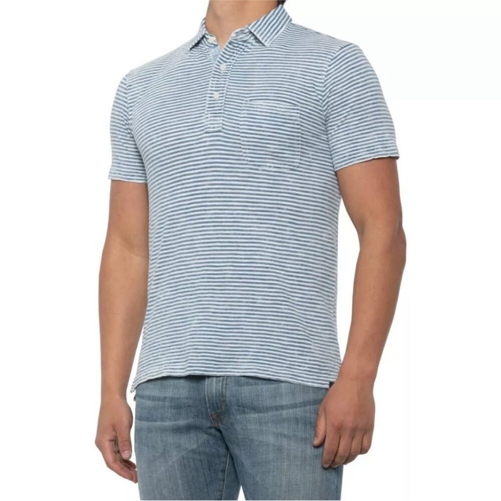 Faherty Polo Indigo Dyed Blue Striped Shirt Men's M SS Pullover Cotton**